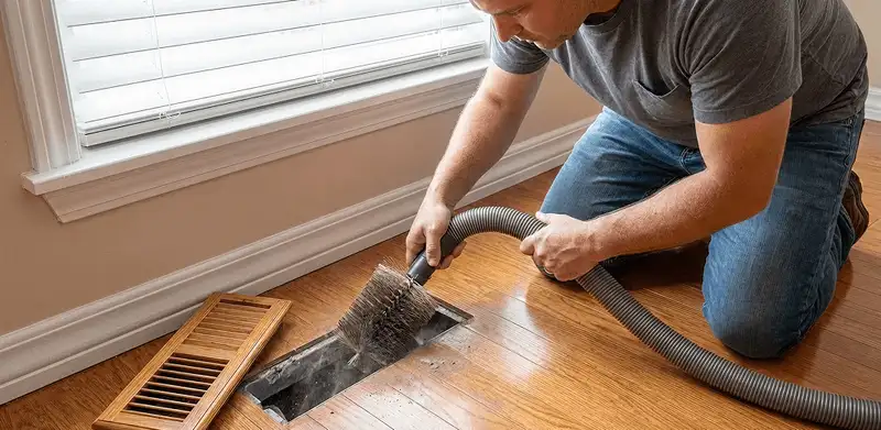 Air duct cleaning technician vacuuming a floor vent and duct opening in Cedar Rapids, IA