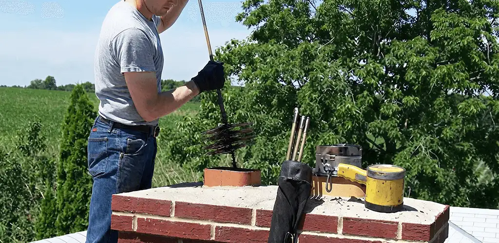 Chimney cleaning technician working on a rooftop chimney with professional tools in Cedar Rapids, IA
