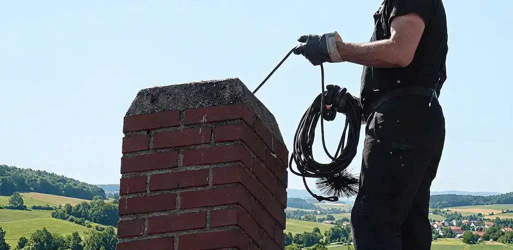 Chimney sweep inspecting and cleaning a rooftop chimney in Cedar Rapids, IA