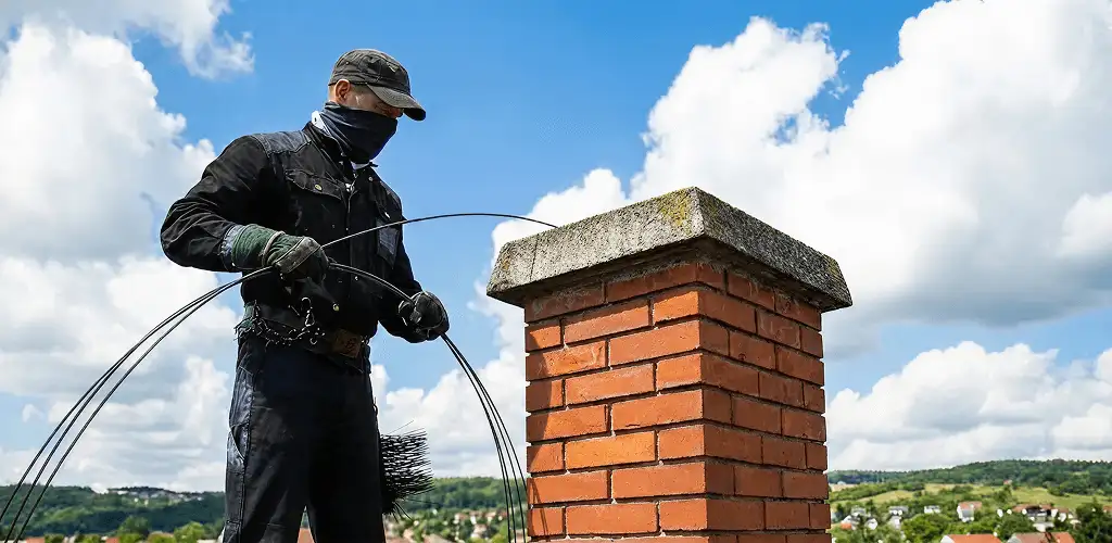 Chimney sweep cleaning a brick chimney with professional tools in Cedar Rapids, IA