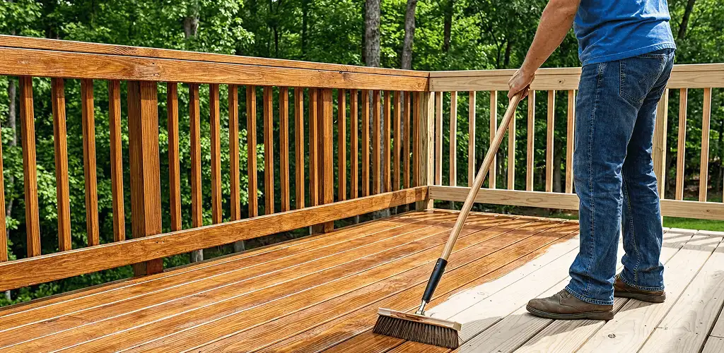 Deck staining and sealing application on a wood deck in Cedar Rapids, IA