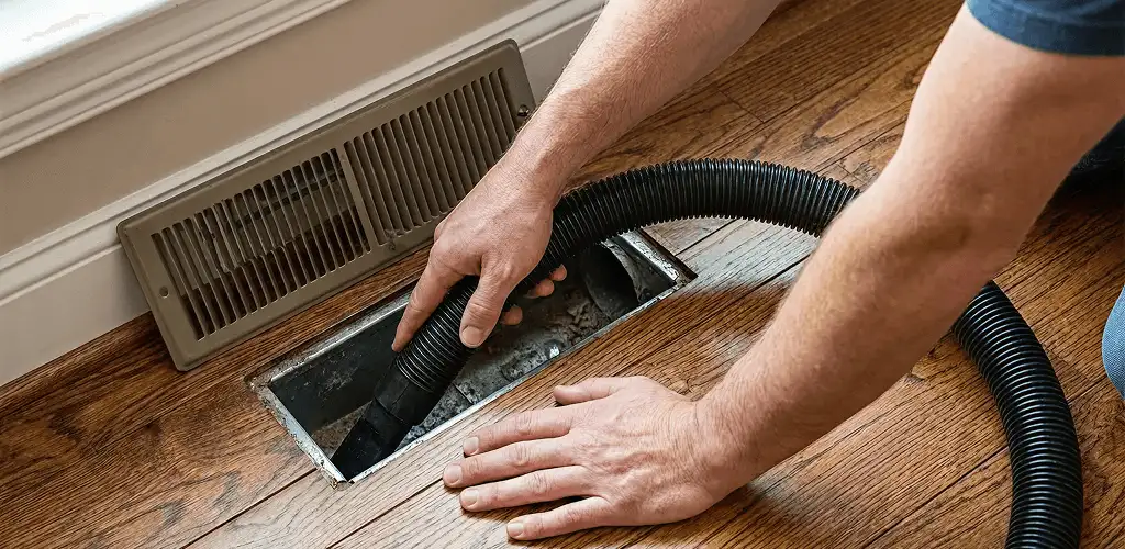 Air duct cleaning technician vacuuming a floor register and duct opening in Cedar Rapids, IA