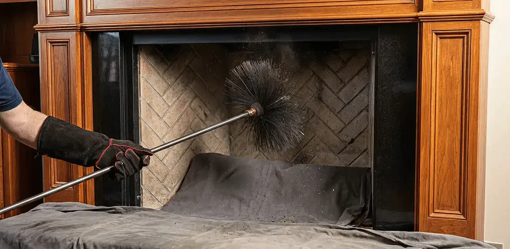 Chimney cleaning service brushing soot from a fireplace and flue in Cedar Rapids, IA