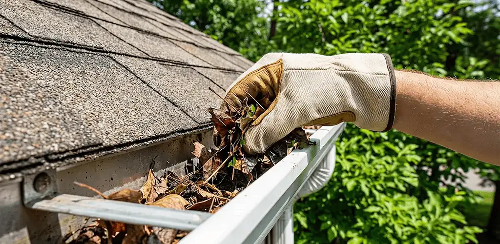 Gutter cleaning removing leaves and debris from roof gutters in Cedar Rapids, IA