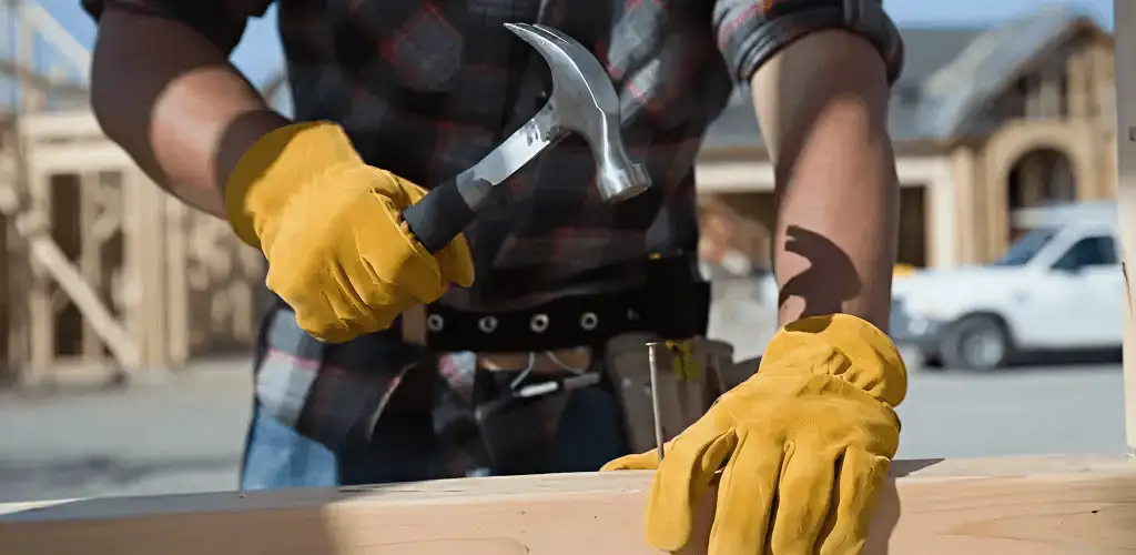 Handyman fixing wood trim with a hammer for home repairs in Cedar Rapids, IA