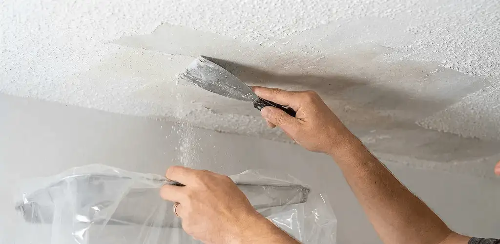 Popcorn ceiling removal technician scraping texture from a ceiling in Cedar Rapids, IA
