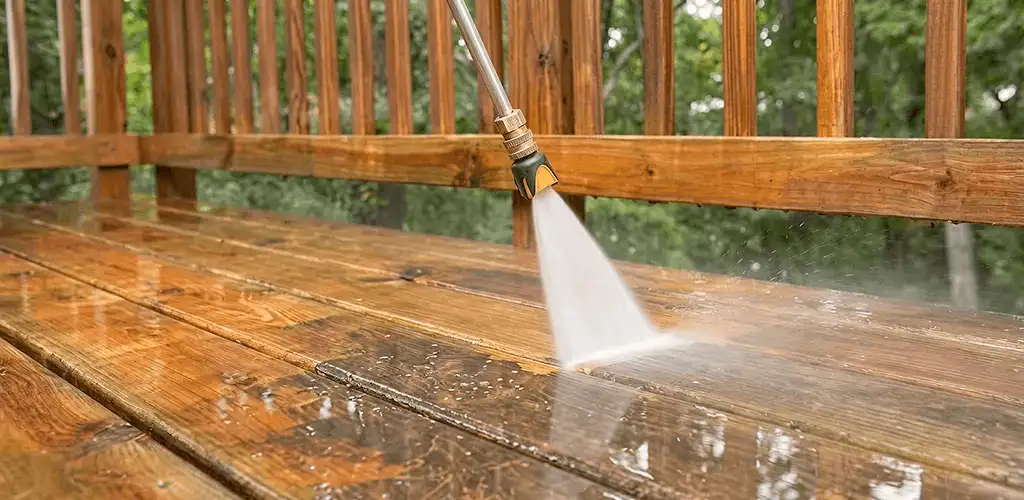 Pressure washing a wood deck to remove dirt and buildup in Cedar Rapids, IA