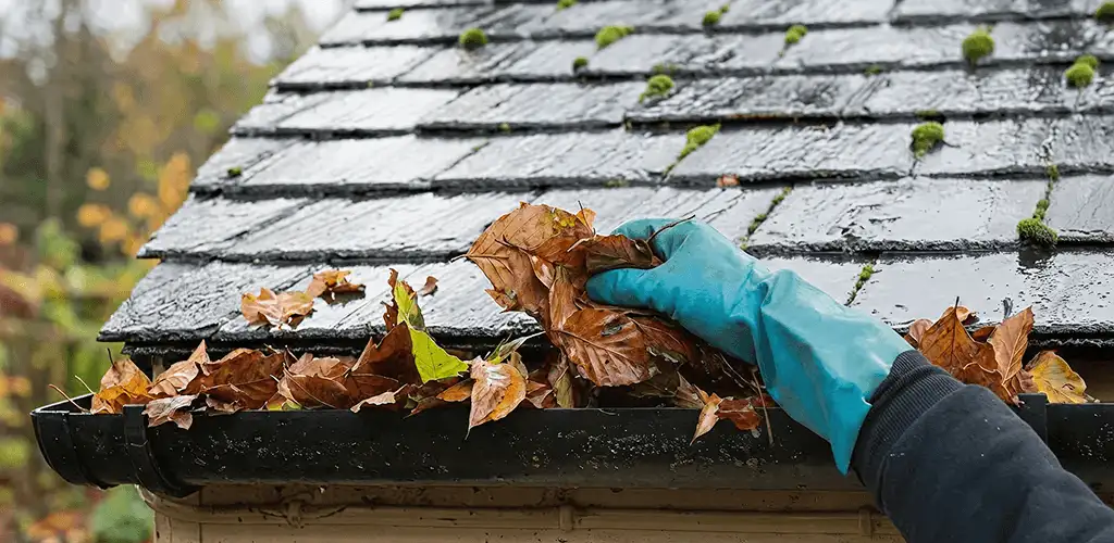 Gutter cleaning technician clearing wet leaves from roof gutters in Cedar Rapids, IA