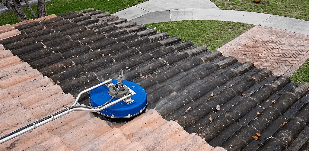 Roof pressure cleaning removing debris and buildup from roof tiles in Cedar Rapids, IA