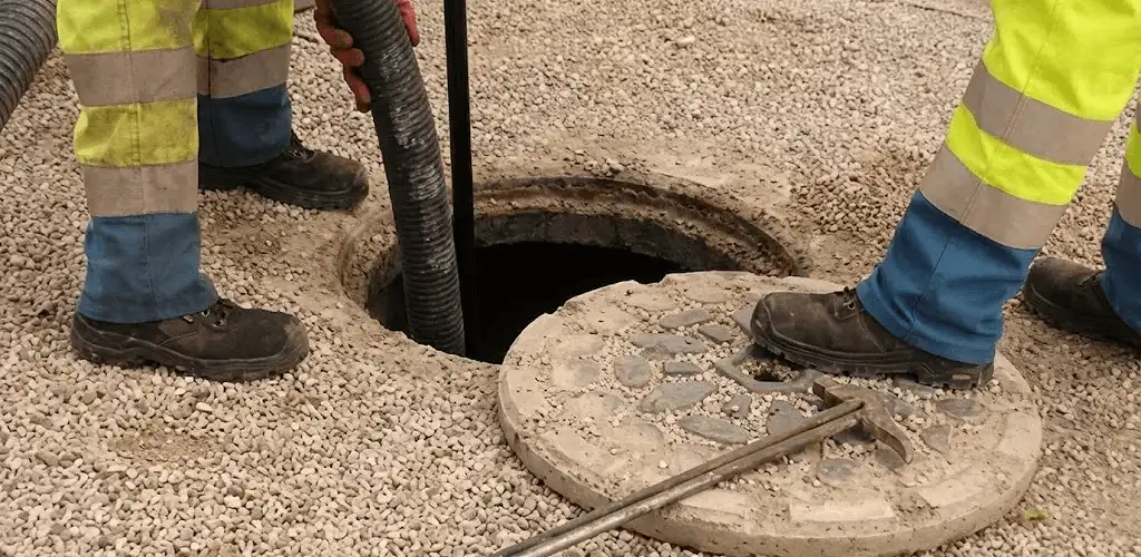 Drain cleaning crew clearing a sewer access point with professional equipment in Cedar Rapids, IA