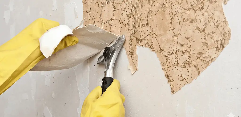 Wallpaper removal service stripping old wallpaper from a wall in Cedar Rapids, IA
