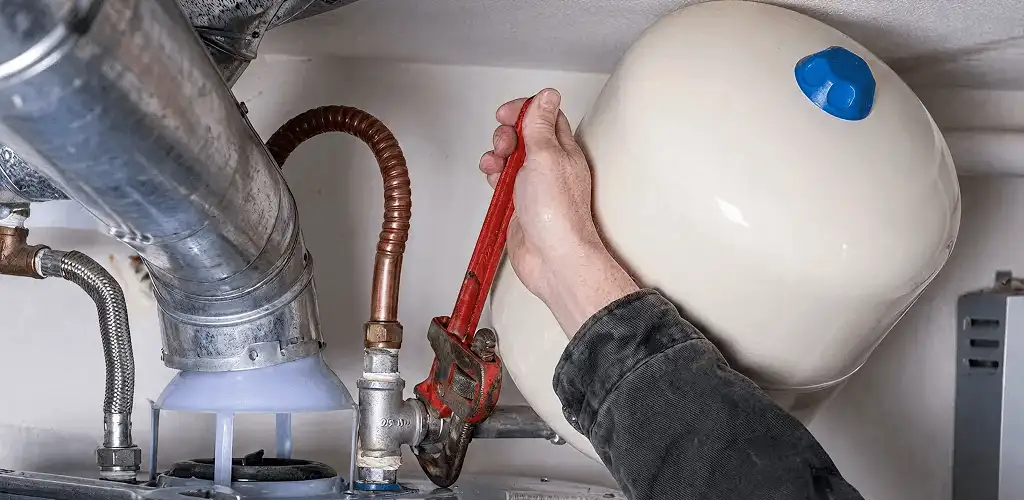 Water heater repair technician tightening plumbing connections near a tank unit in Cedar Rapids, IA